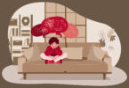 An illustration shows a child huddled on a couch with a thought bubble showing distress above his head.